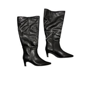 Faux Leather Kitten Heel Tall Wide Calf Black Boots